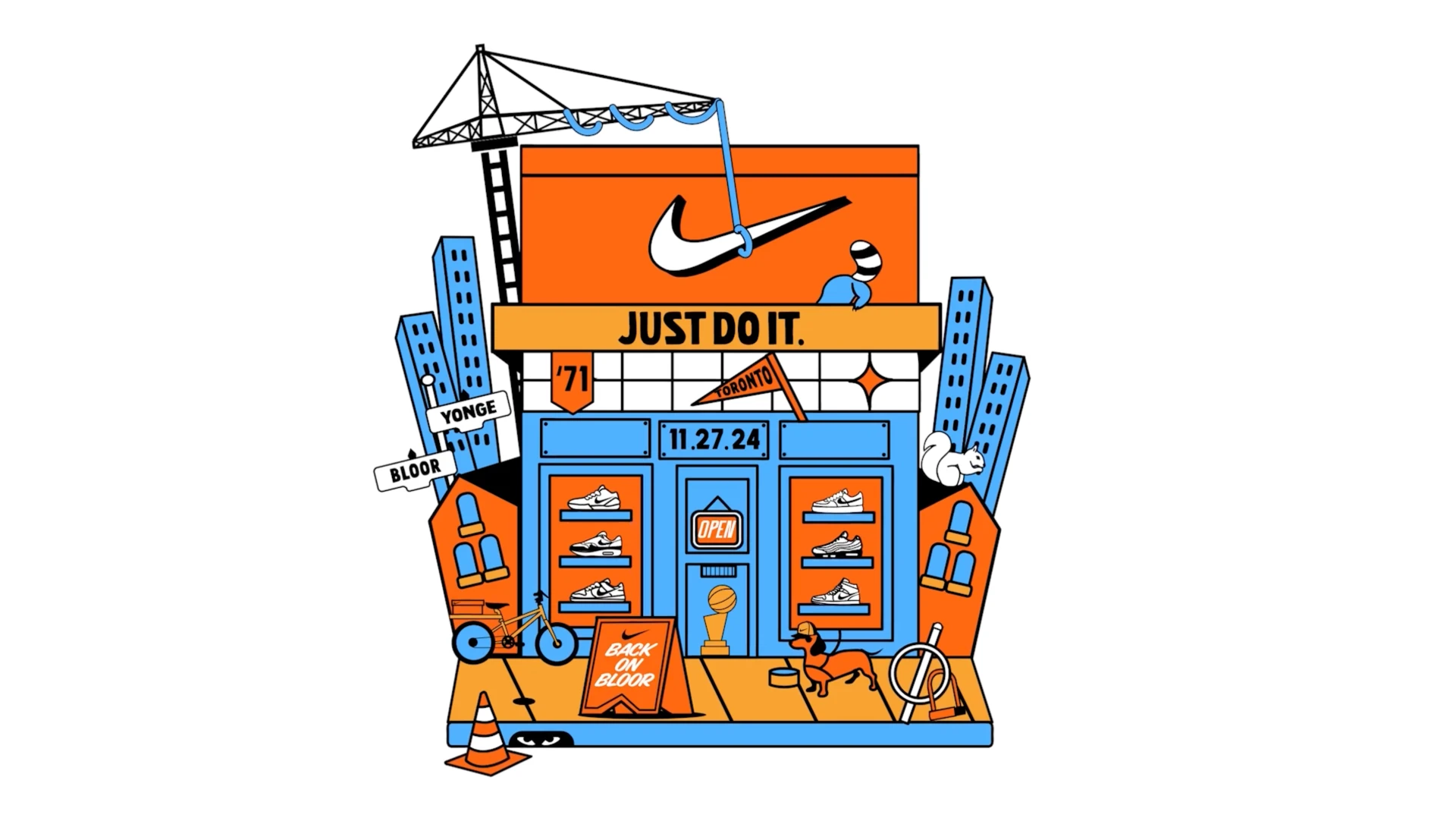 Illustrated storefront frame from the series' motion design system.